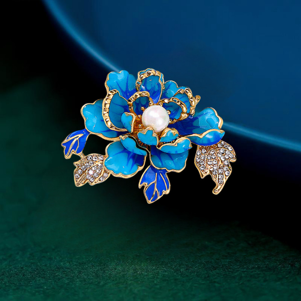 Vintage Blue Enamel Crystal Rhinestone Peony Flower Brooch Pin