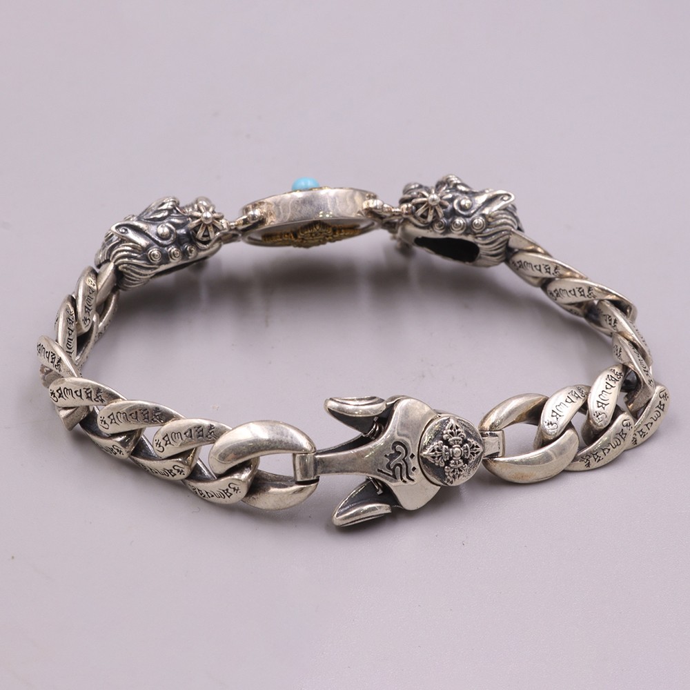 Pure S925 Sterling Silver Chain 27mm Double Pixiu Curb Bracelet 60-61g 7.9inch