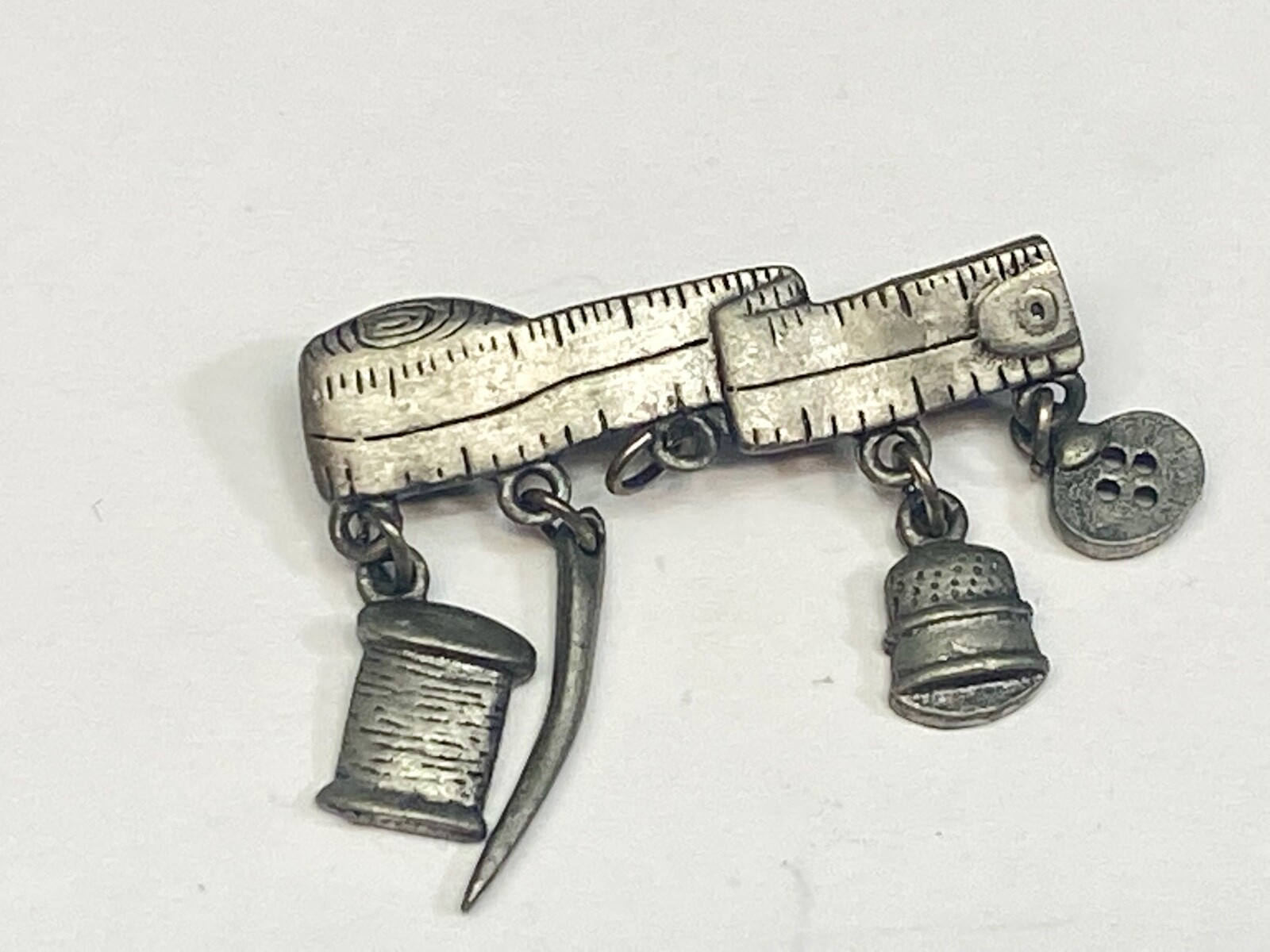 Sewing Theme Brooch Pin Pewter Thimble Button Spool Charms (Missing One) JJ