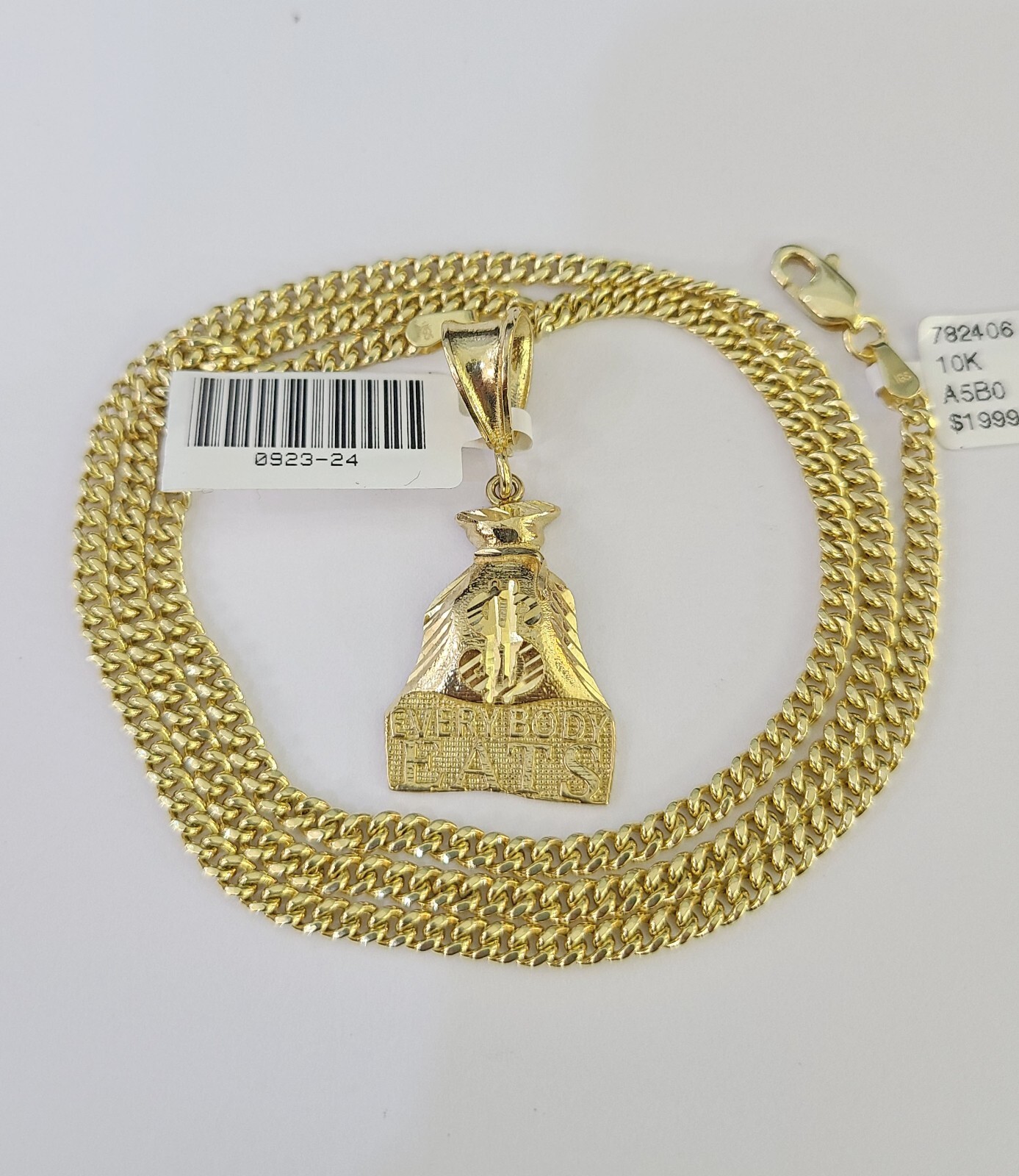 10K Gold Miami Cuban Chain Everybody Eats 18″-28″ 3mm Pendant Necklace SET Charm