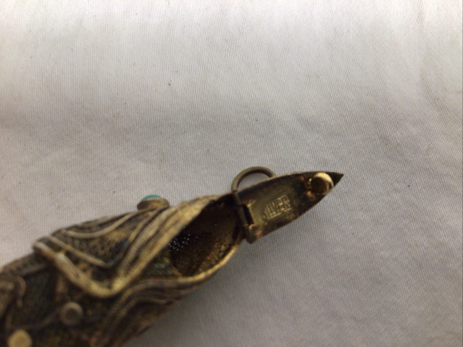 Silver Articulated Figural Fish Pill Box Turquoise Pendant Gilt Vintage