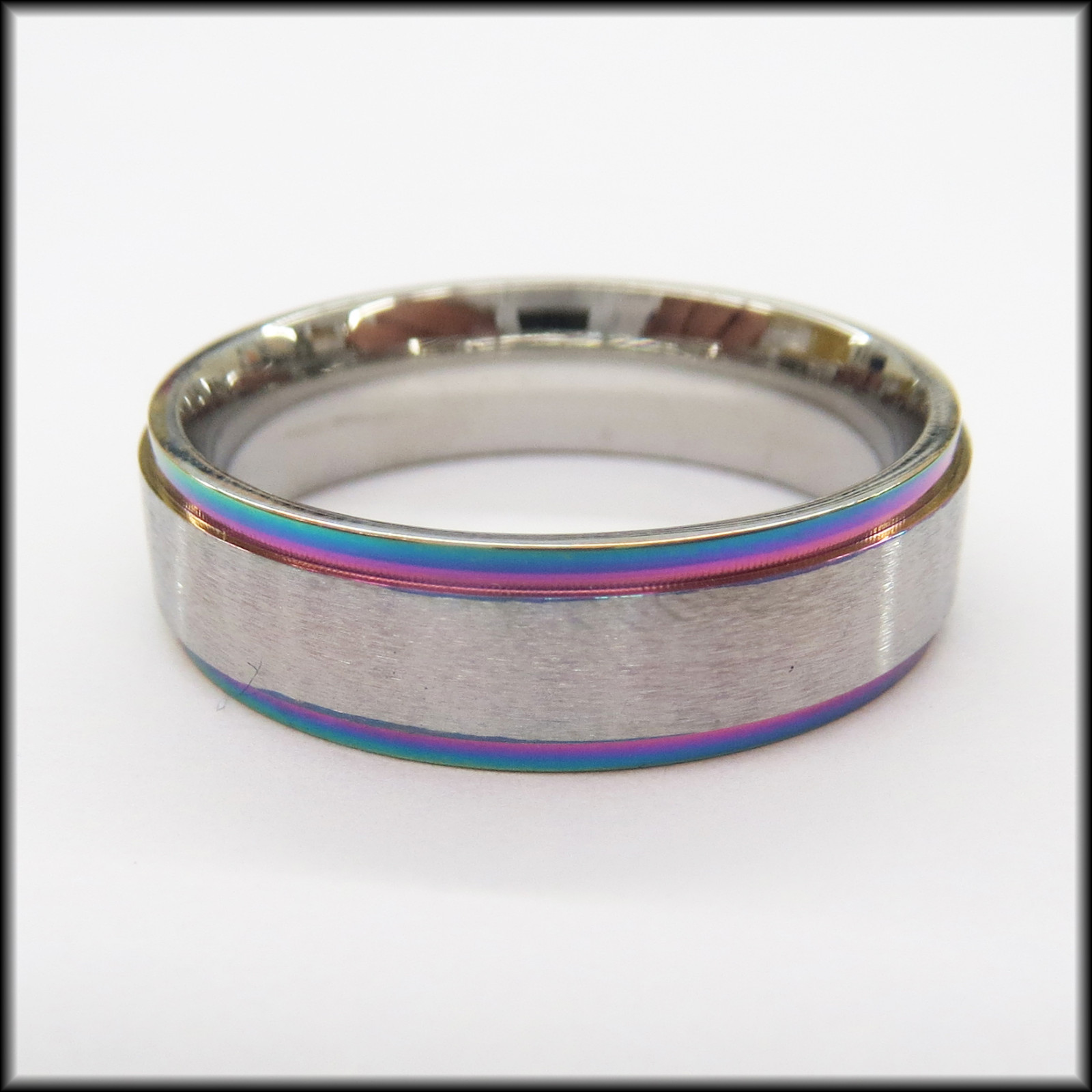 Stainless Steel Stamped Ring 6mm, Rainbow Edge