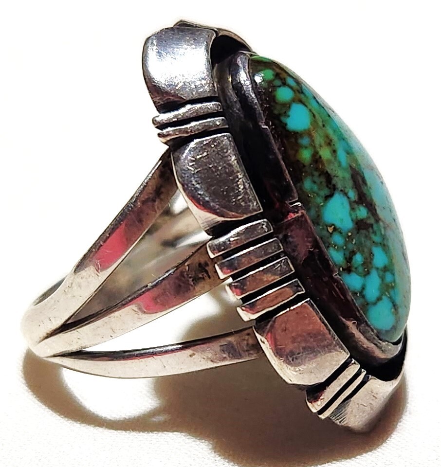 Artist Signed Platero Navajo Morenci Turquoise Shadow Box Sterling Silver Ring