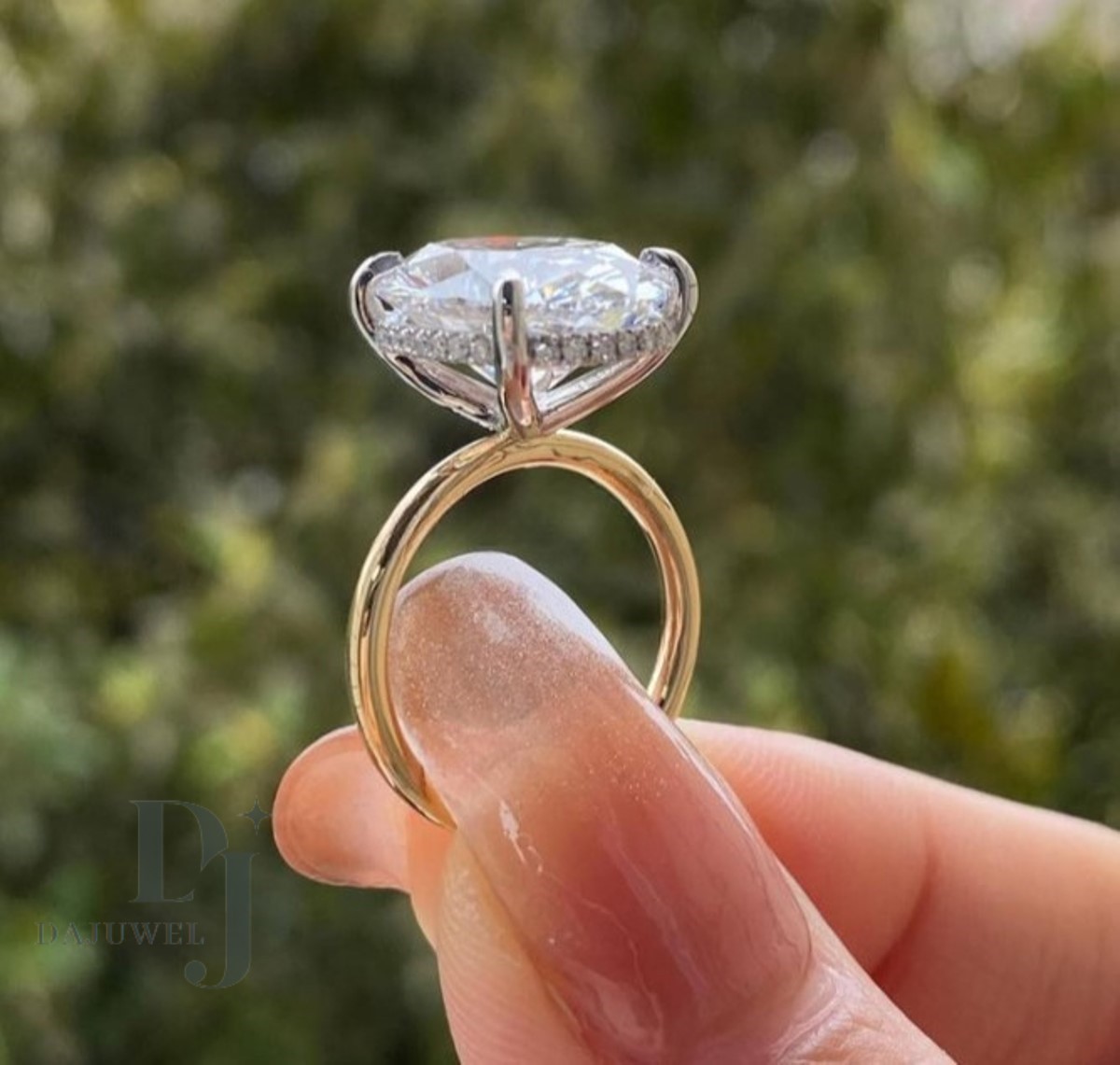 Solid 14K Yellow Gold Moissanite Hidden Halo Engagement Ring 3.75 Carat Oval Cut