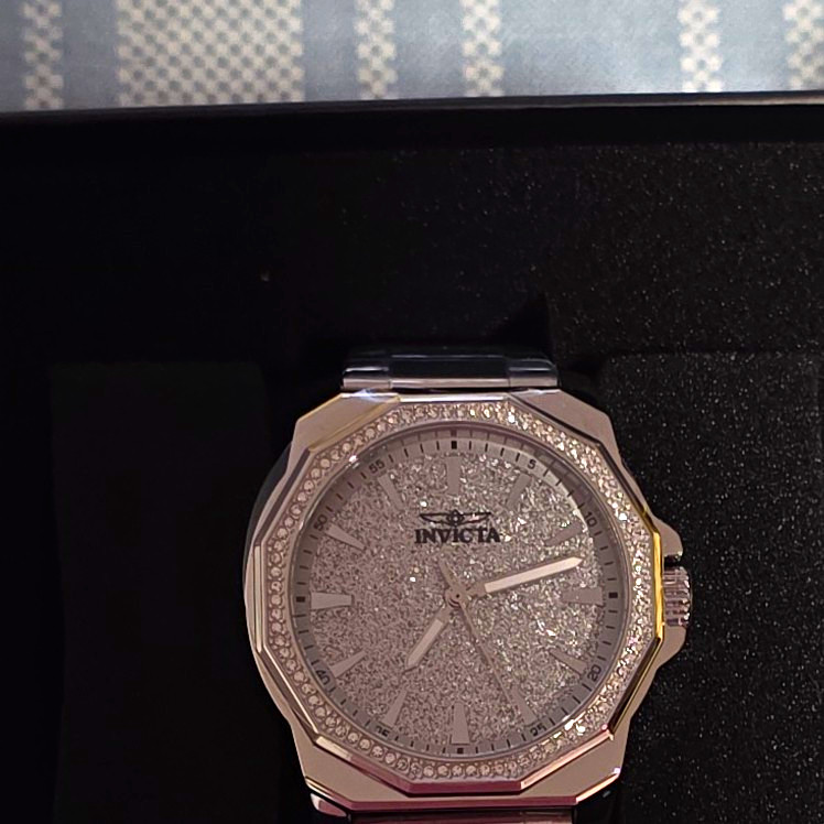Invicta Quartz Analog Wristwatch Silver Octagon Case Gem-Set Bezel Steel Band