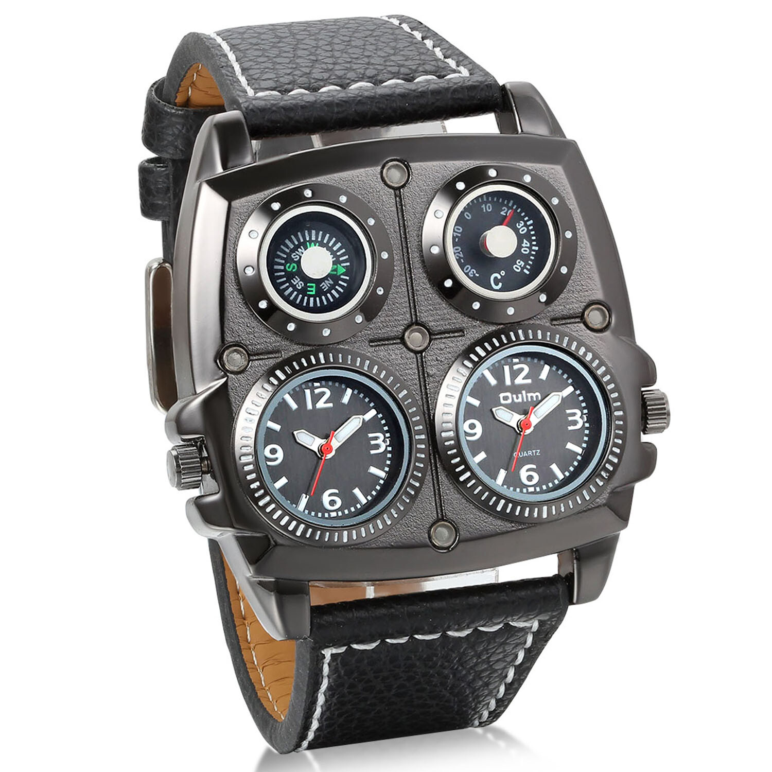 Military Army Dual Time Zones Movements Quartz Watch Black Leather Sports Mens