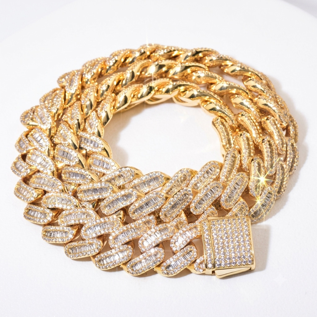 5AAA+ CZ Baguette Ice Out Hop Hip Miami Cuban Chain 14k Real Gold Plated 12MM