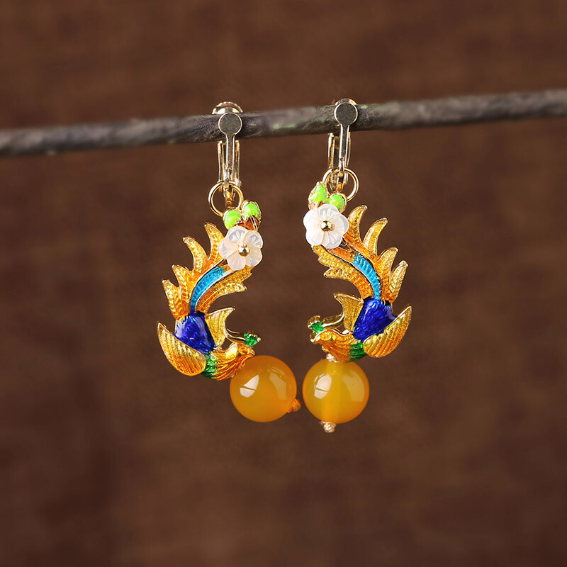 Chinese Ethnic Style Antique Earrings Yellow Agate Cloisonne Phoenix Earrings