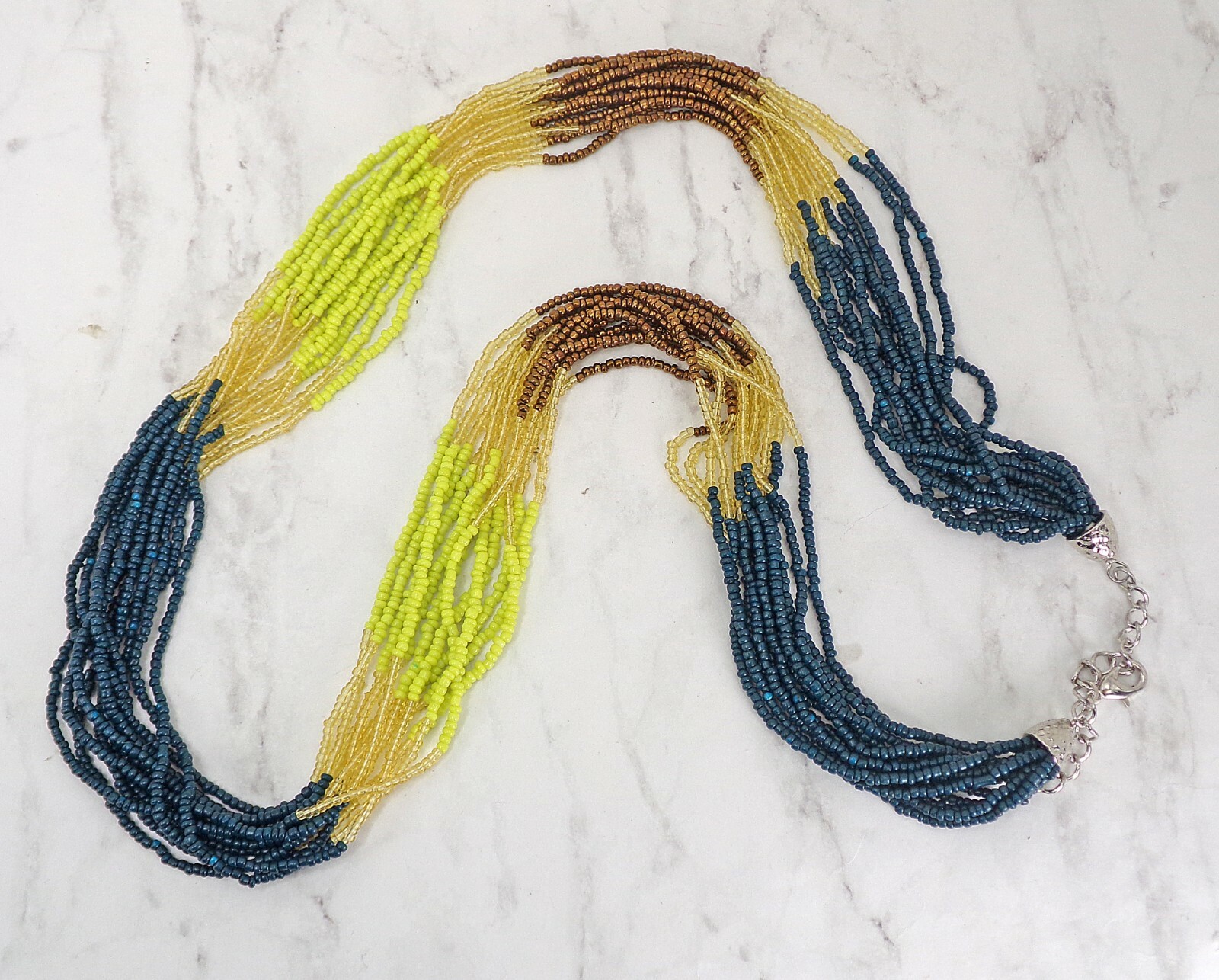 Multi color seed bead necklace and earring set in brown, yellow, blue, beige NEW