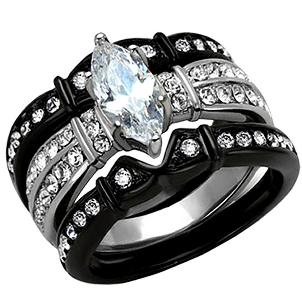 2.50 Ct Marquise Cut CZ Black Stainless Steel Wedding Ring Set Women’s Size 5-11