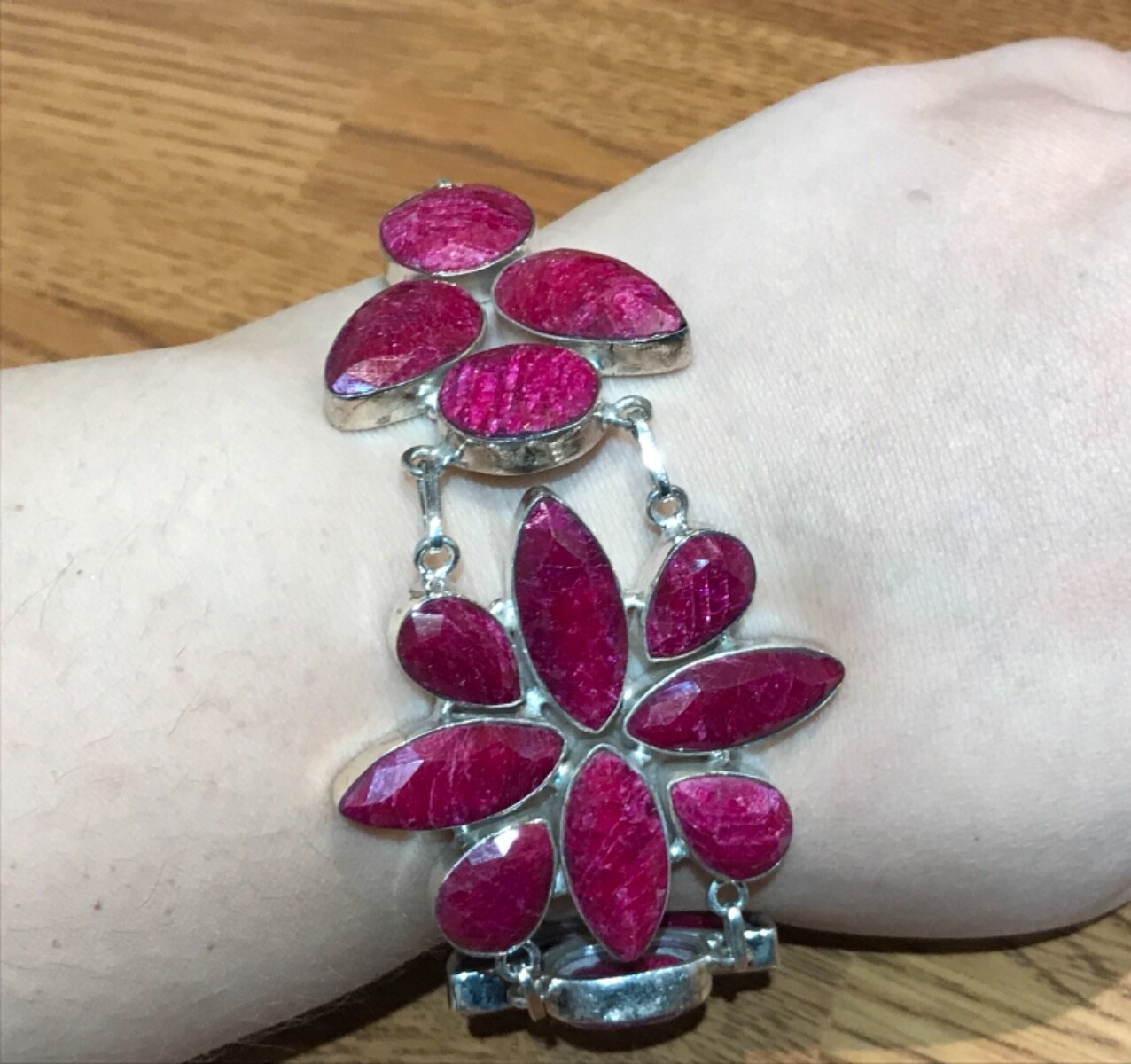 🔥925 STERLING SILVER HUGE LARGE RAW CHERRY RUBIES CHUNKY BRACELET WOMEN 8 in