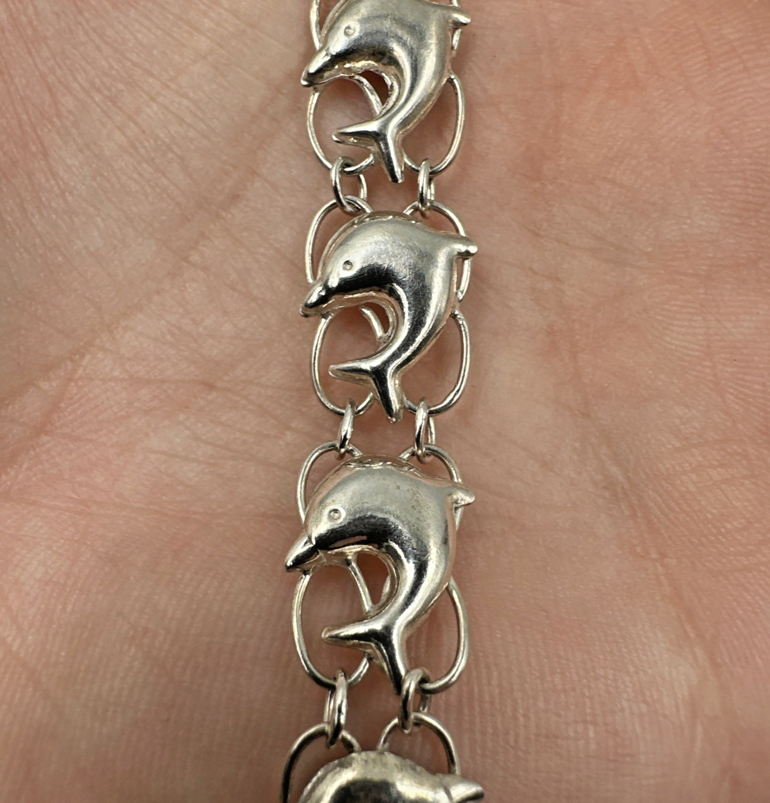 925 Sterling Silver Diving Dolphins Links Bracelet Ball Bell Charm, 7″ 7.71g