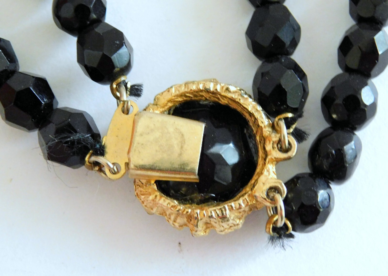 Gorgeous Vintage Jet Black Faceted Glass Double Strand Necklace Ornate Clasp