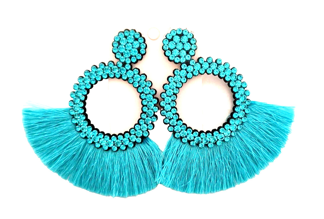 New Fashion Jewelry Dangle/ Drop Earrings Aqua Fringe Crystals Appx 3.5 inx3 in