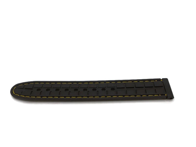 Rubber Watch Strap, Black Textured with Yellow Stitching, Sizes 16mm to 22mm