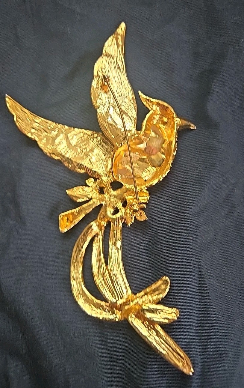 Vintage D’orlan Boucher 6″ Enamel Phoenix Bird Brooch Multicolored, Clear Crysta