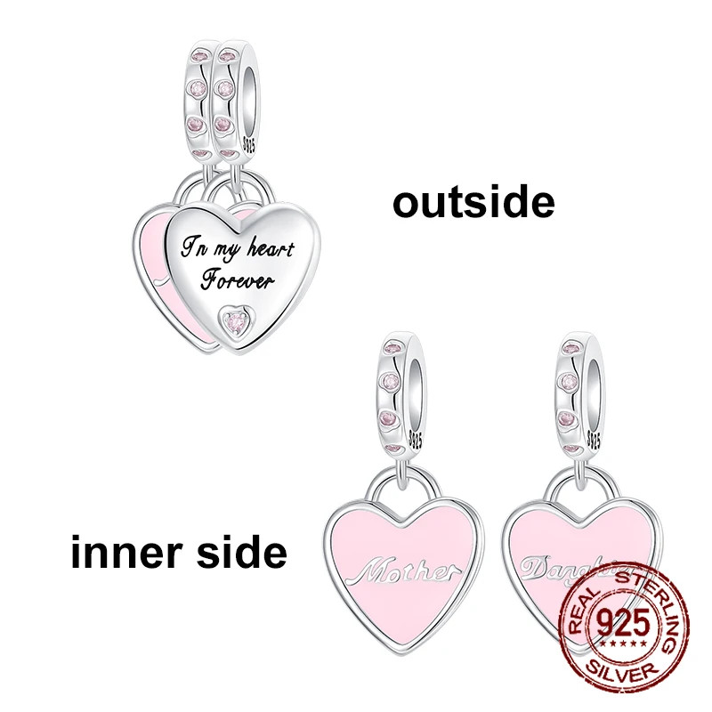 925 Sterling Silver Heart Shaped Daughter MOM Charm Beads Fit 4MM Hole Diameter