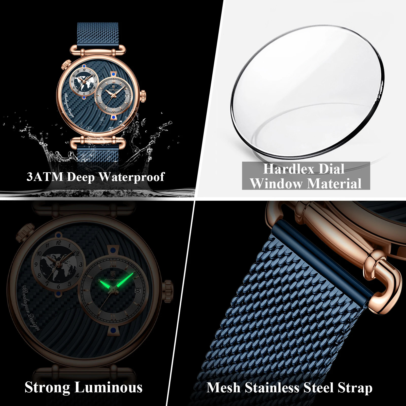 POEDAGAR Sport Man Wristwatch Multiple Time Zone Display Waterproof