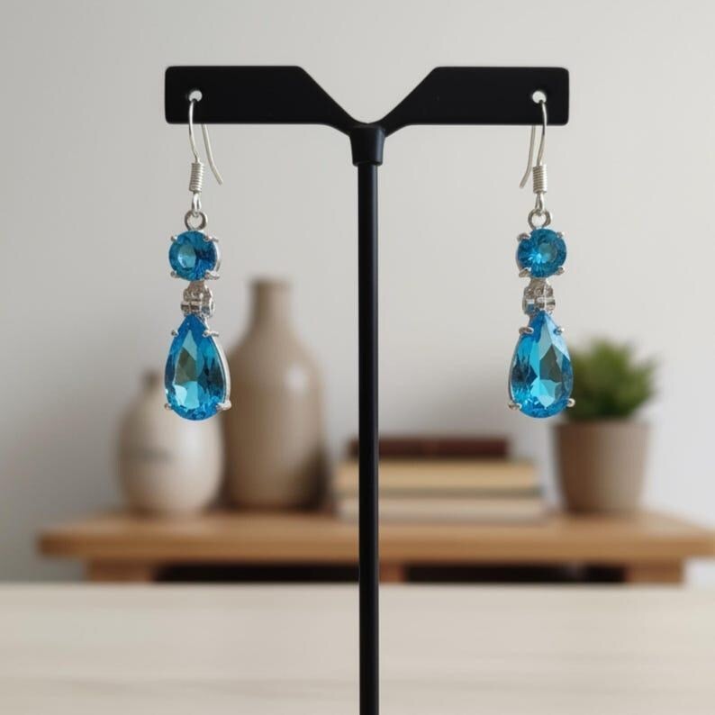 Handmade Sky Blue Crystal Teardrop Earrings Dangle Handmade Jewelry Gift