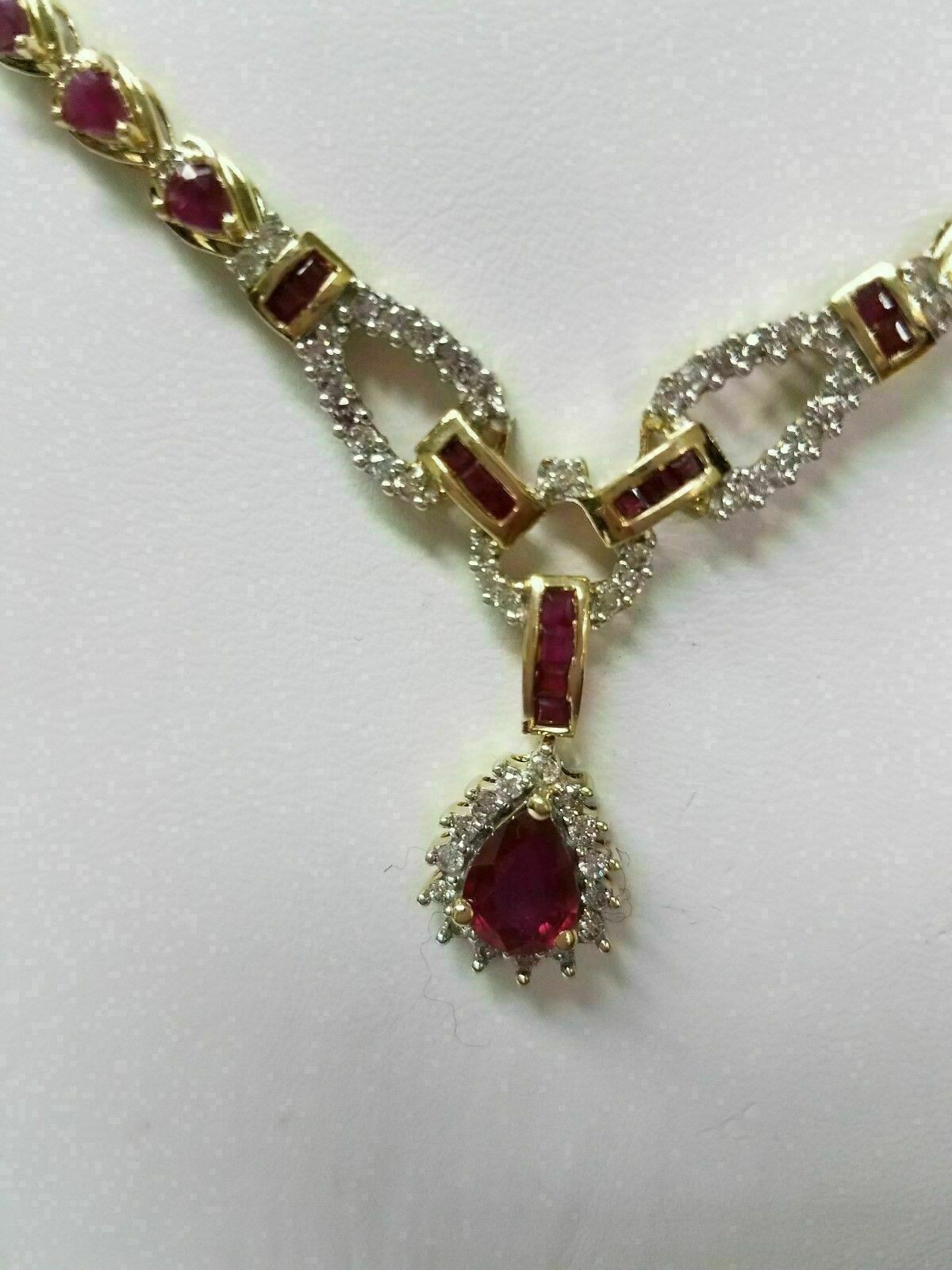 20.00CT Pear Cut Ruby & Diamond Fancy Collar Necklace 14kt Yellow Gold Over