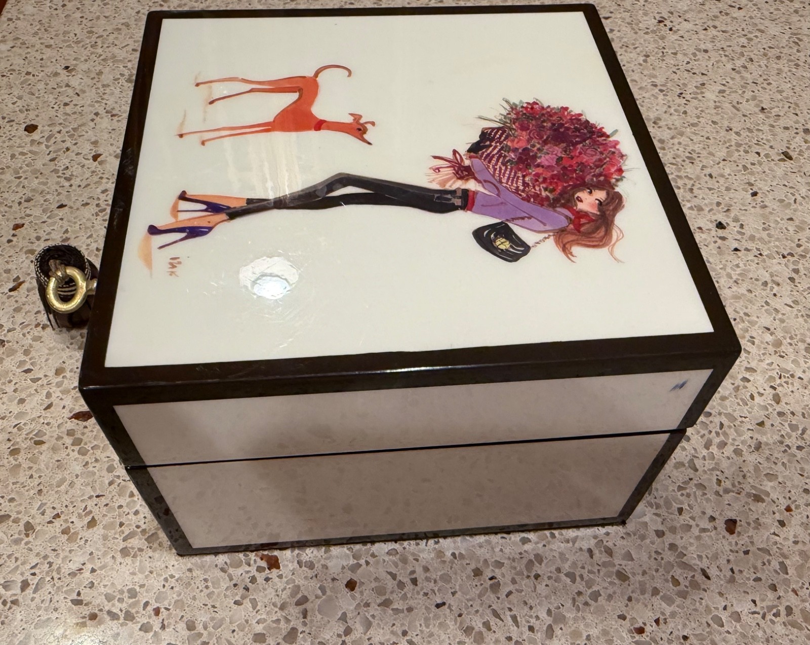 Rare Henri Bendel Lacquered Wood Jewelry Box Izak Zenou Fashion Girl Dog