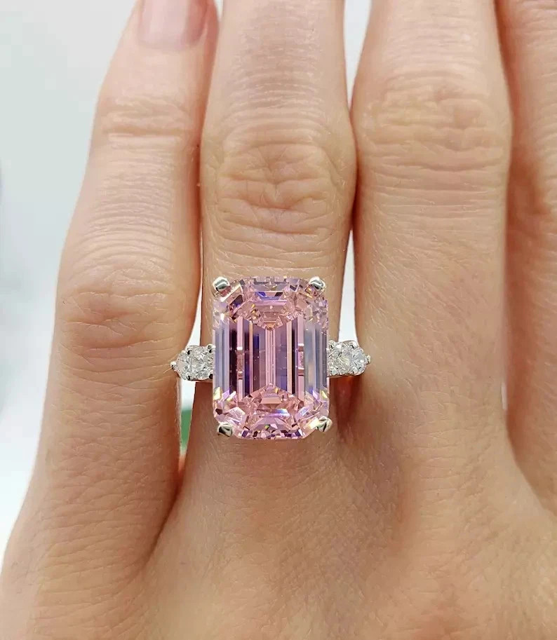 8Ct Emerald Cut Natural Pink Sapphire Diamond Wedding Ring 14K White Gold Plated