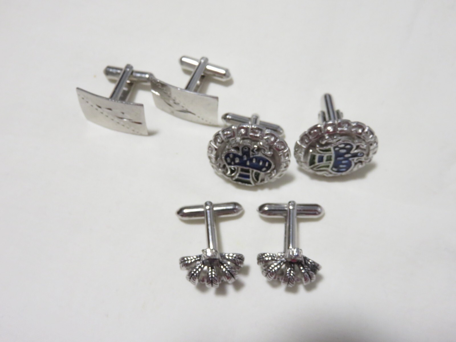 3 PAIRS VINTAGE SILVERTONE METAL CUFFLINKS CROWN EAGLE
