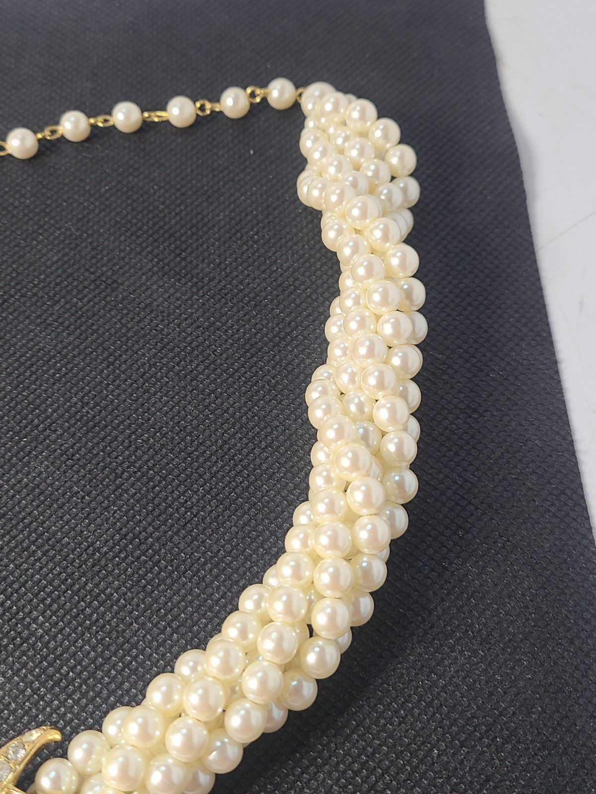 Vintage Signed Trifari 17 Multi Strand Pearl Rhinestone Necklace G2U