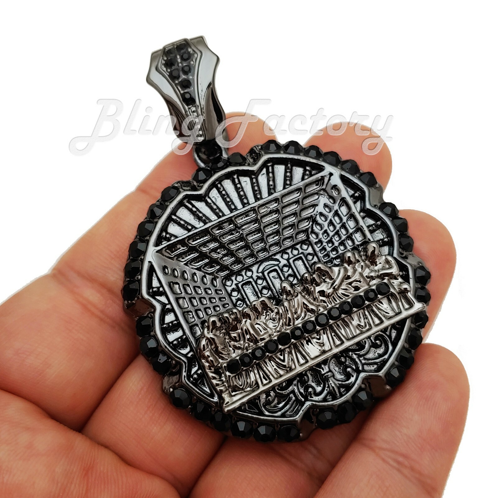 HIP HOP ICED CUBIC ZIRCONIA BLACK HEMATITE PLATED LARGE LAST SUPPER ICY PENDANT