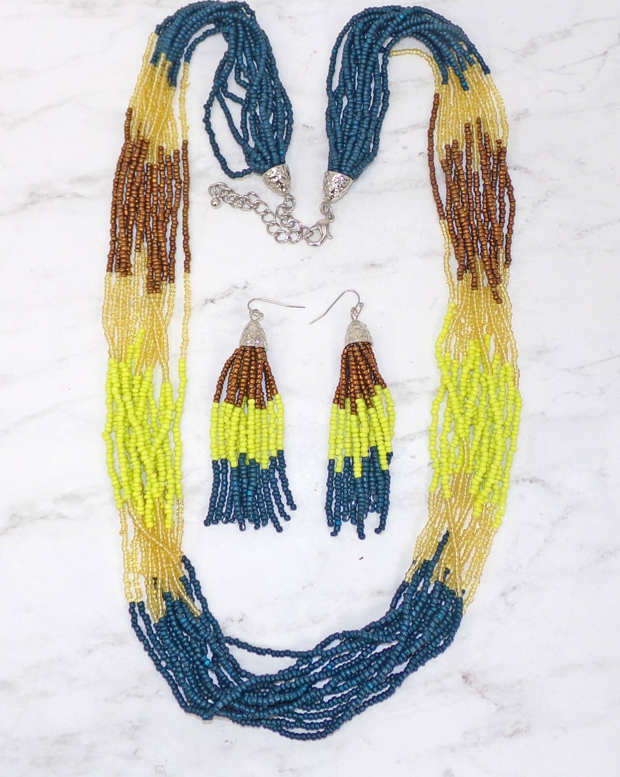 Multi color seed bead necklace and earring set in brown, yellow, blue, beige NEW