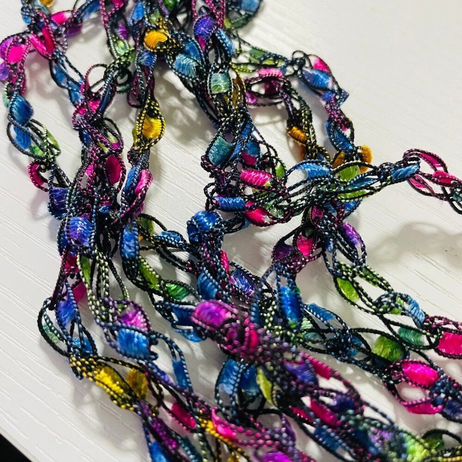 Multicolor 6 Strand Ribbon Yarn Boho Festival Necklace Feather Light