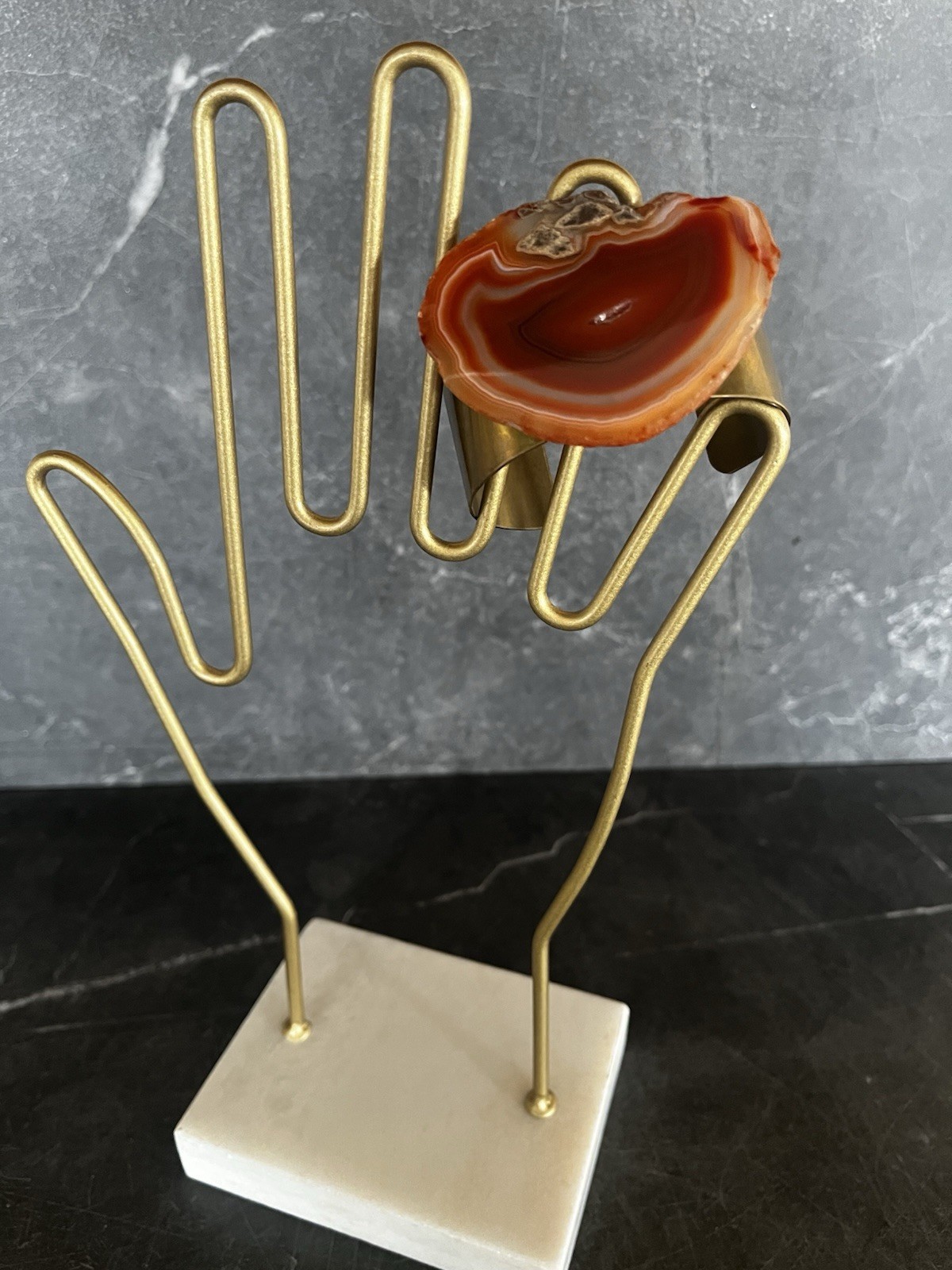 Brass Gold Tone Cuff Bracelet Orange Agate Slice Stone