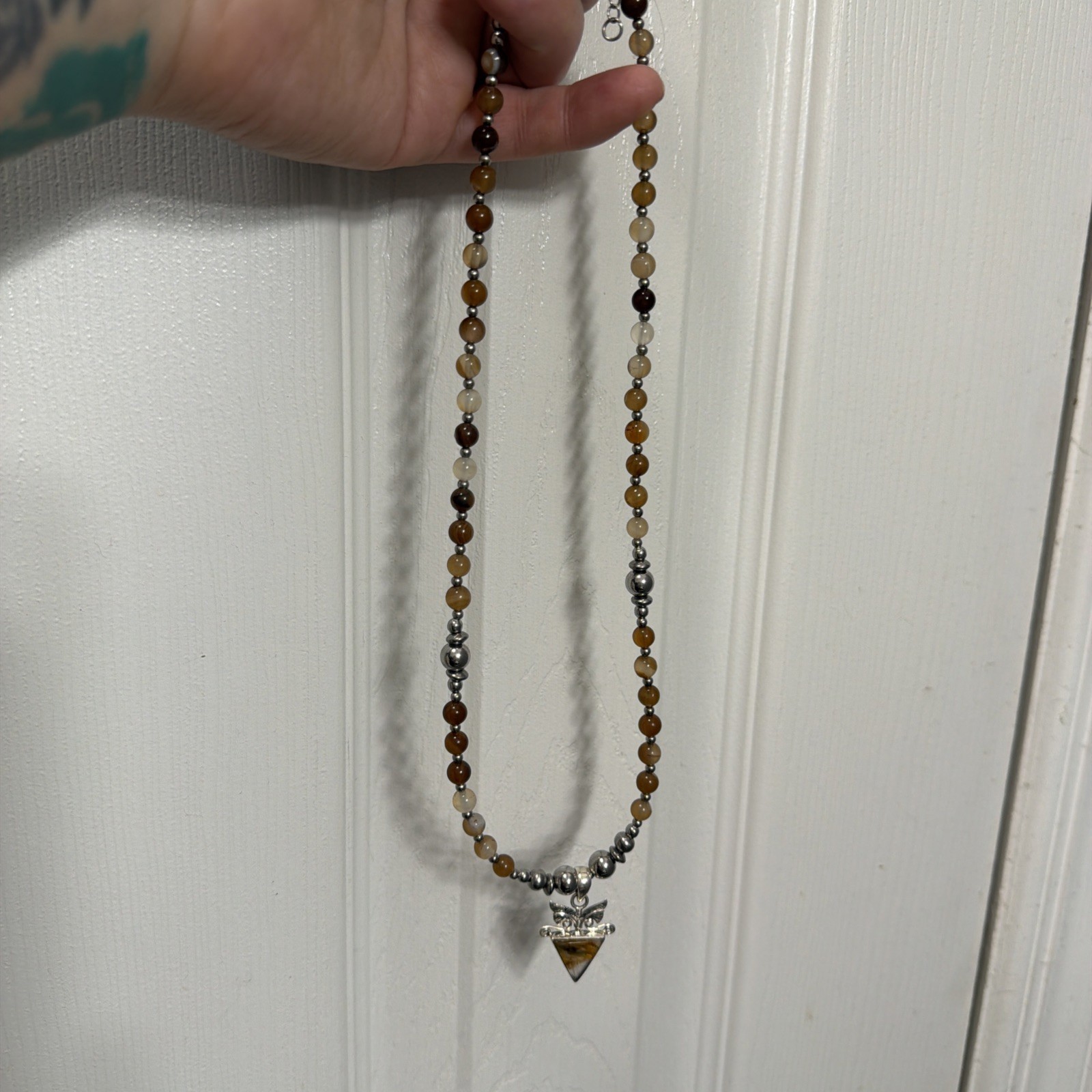 Handmade Coffee Agate Bead Necklace With Unique Sterling Silver Pendant 18-20in