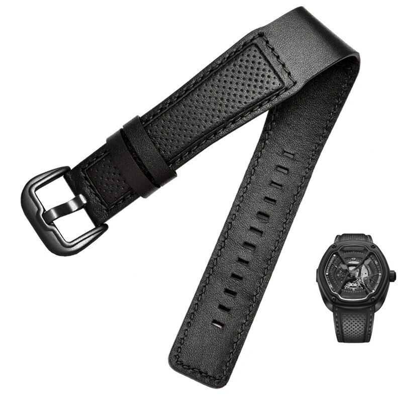 Genuine Leather Wristband Watch Bund Strap for Dietrich OTC-AO1 OT-3 Black 24mm