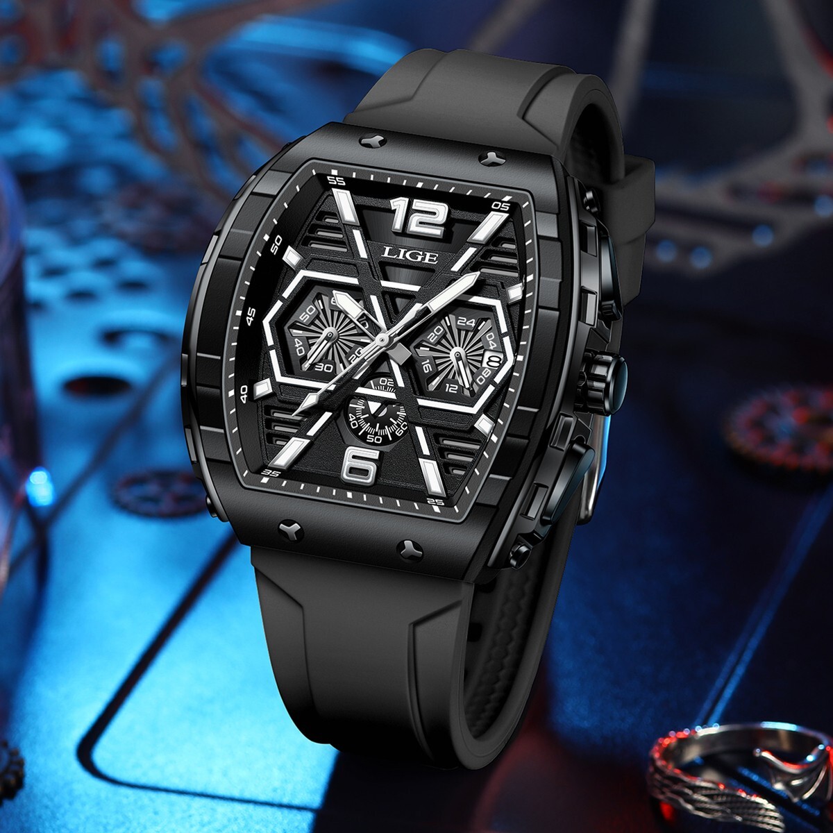 Men Watch Quartz Date Luminous Big Square Dial 5ATM Waterproof Sport Wristwatch