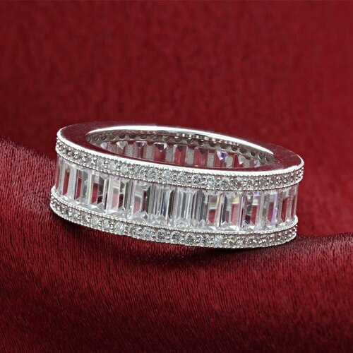 925 Sterling Silver Plated Eternity Band Ring Emerald Cut Cubic Zirconia Stones