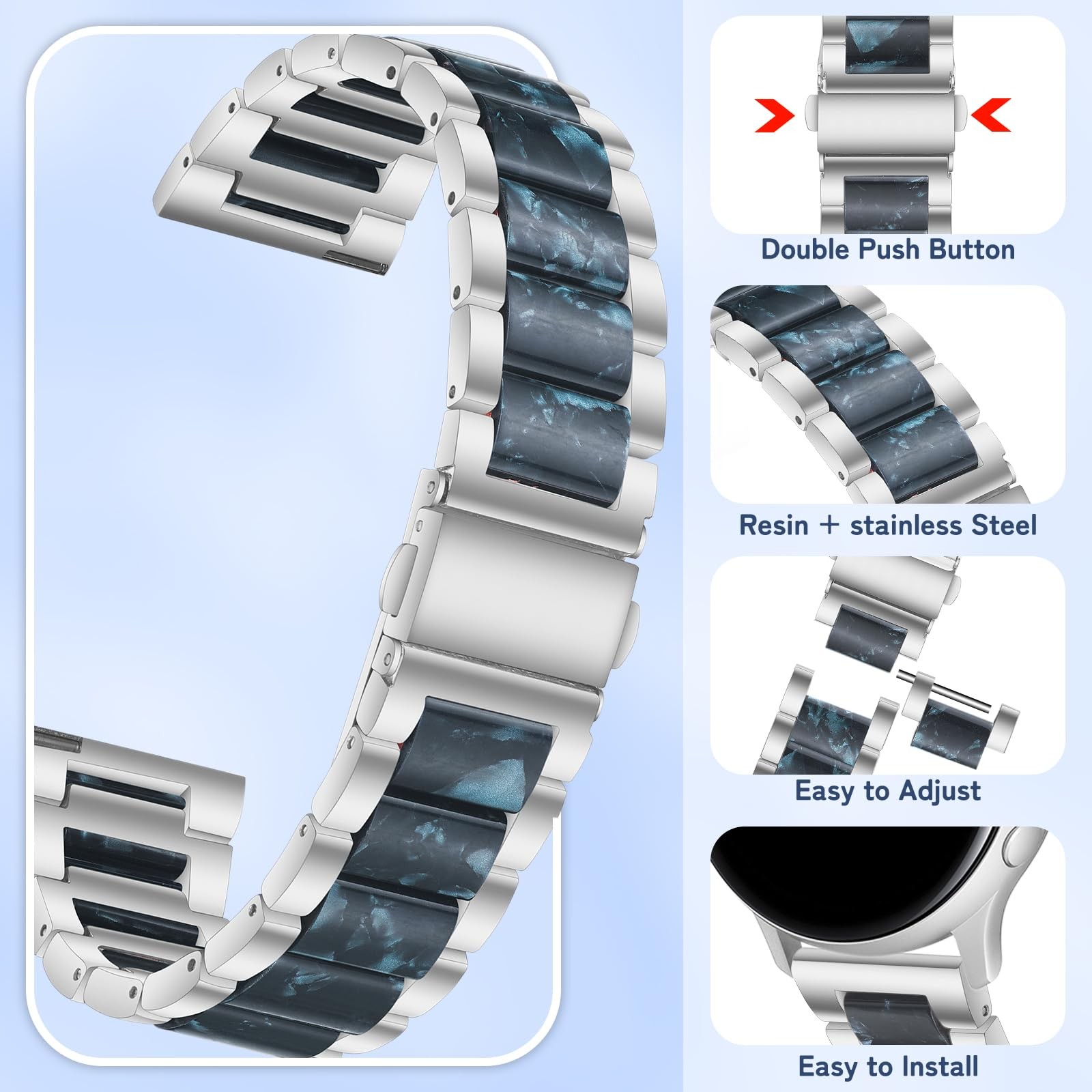Resin Bands for 20 mm / 22 mm, Resin & Stainless Steel Metal Straps Band Ligh…