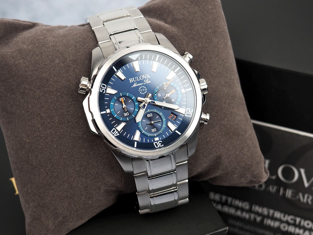 Bulova Men’s Marine Star 96B256 Blue Dial Stainless Strap Quartz Watch 44 mm