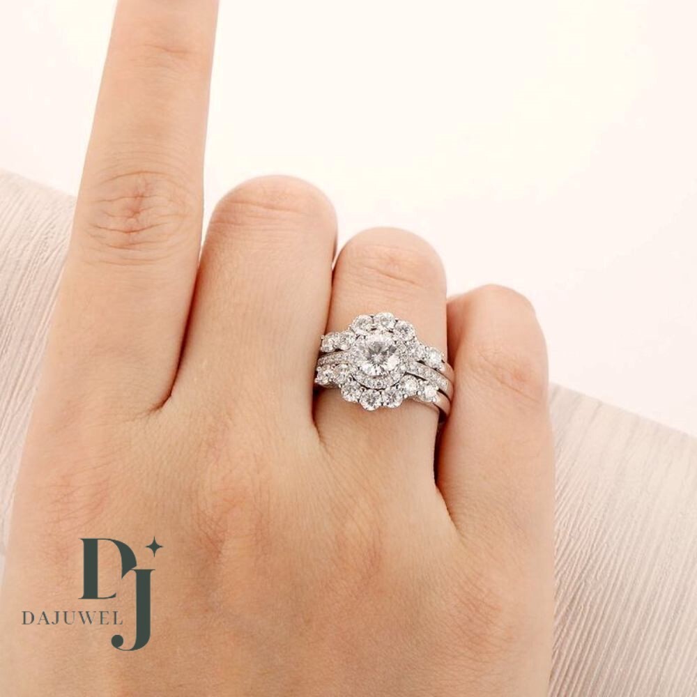 3.50 Ct Round Cut White Moissanite Trio Set Engagement Ring Solid 14K White Gold