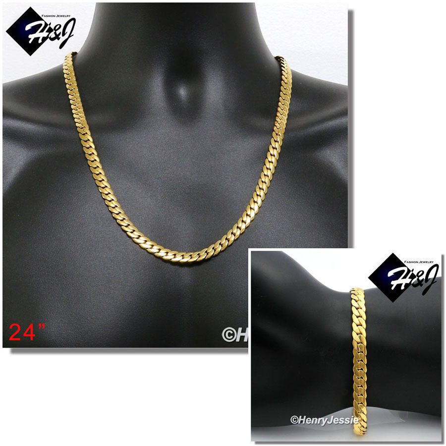 24″MEN Stainless Steel 8mm Gold Plated Miami Cuban Curb Necklace Bracelet*GS155