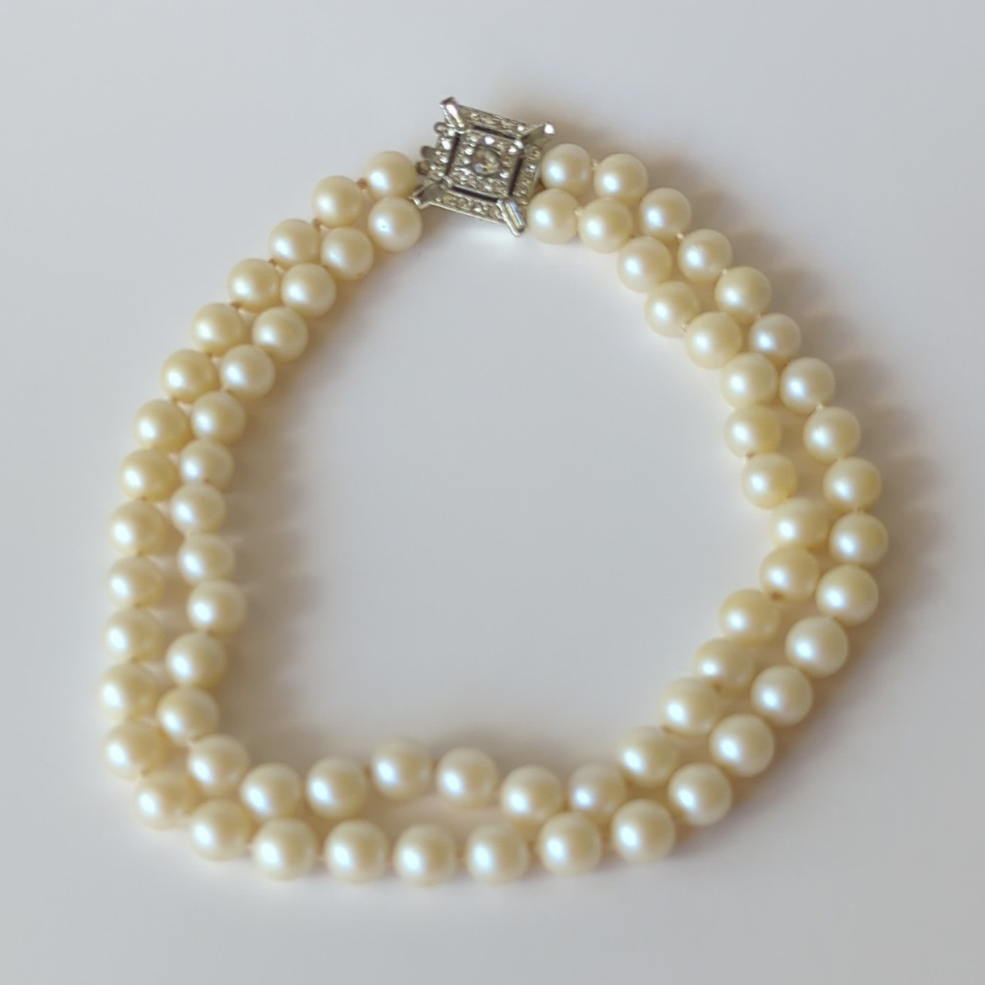 Vintage Double Strand White Pearl Beaded Strand Choker w/ Rhinestone Box Clasp