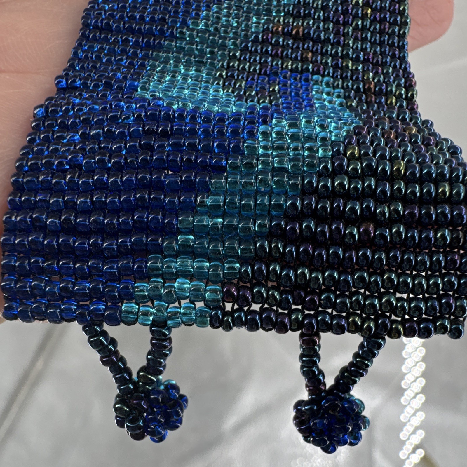 Handmade Beaded Cuff Bracelet Blue Black Teal Wave Pattern Glass Beads 7.5 in