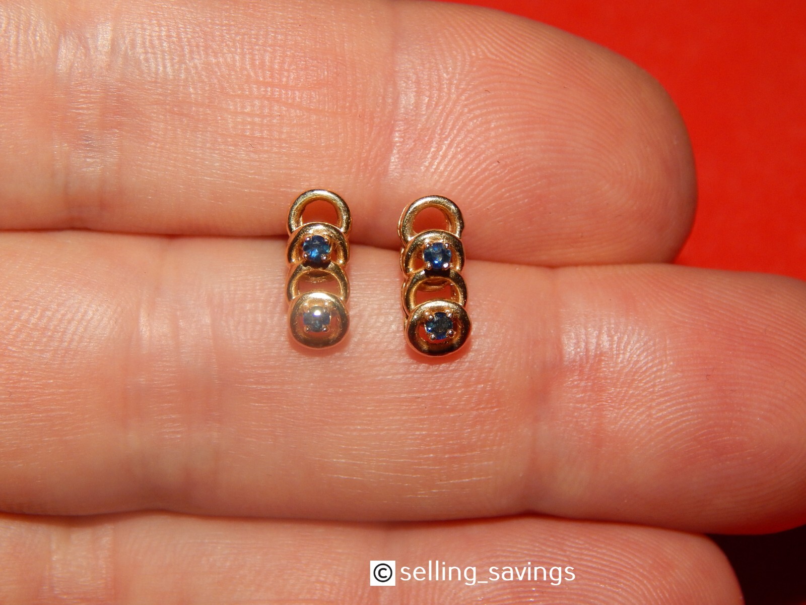 14K YELLOW GOLD SAPPHIRE OPEN CIRCLE STUD EARRINGS 1/2 INCH TALL X 1/4 INCH WIDE