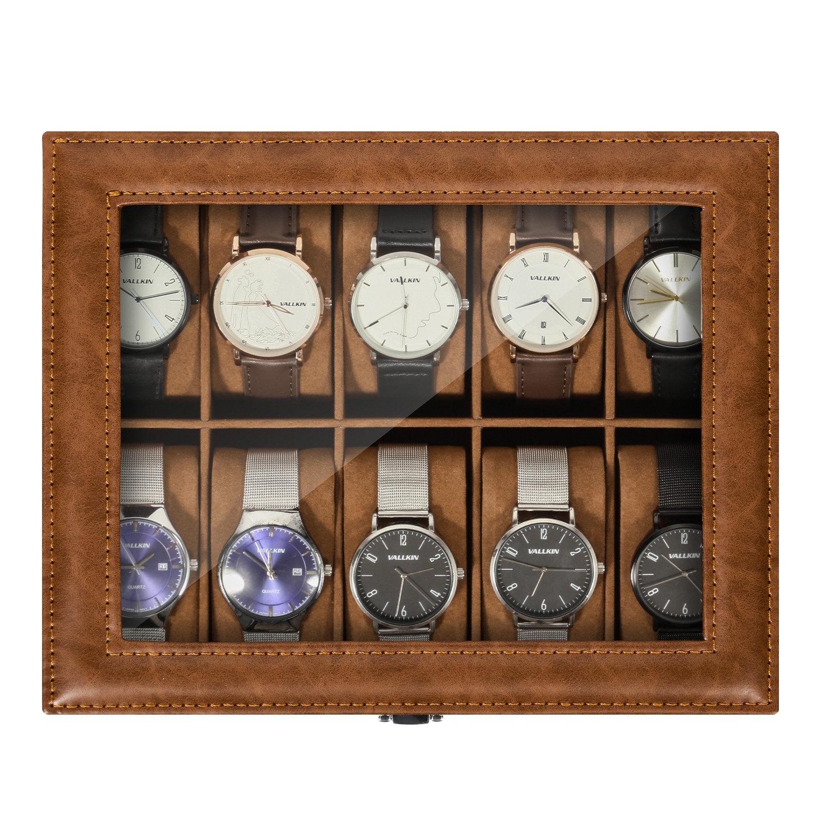 10 Slots Watch Box PU Leather Display Case Jewelry Organizer Box w/Glass Lid NEW