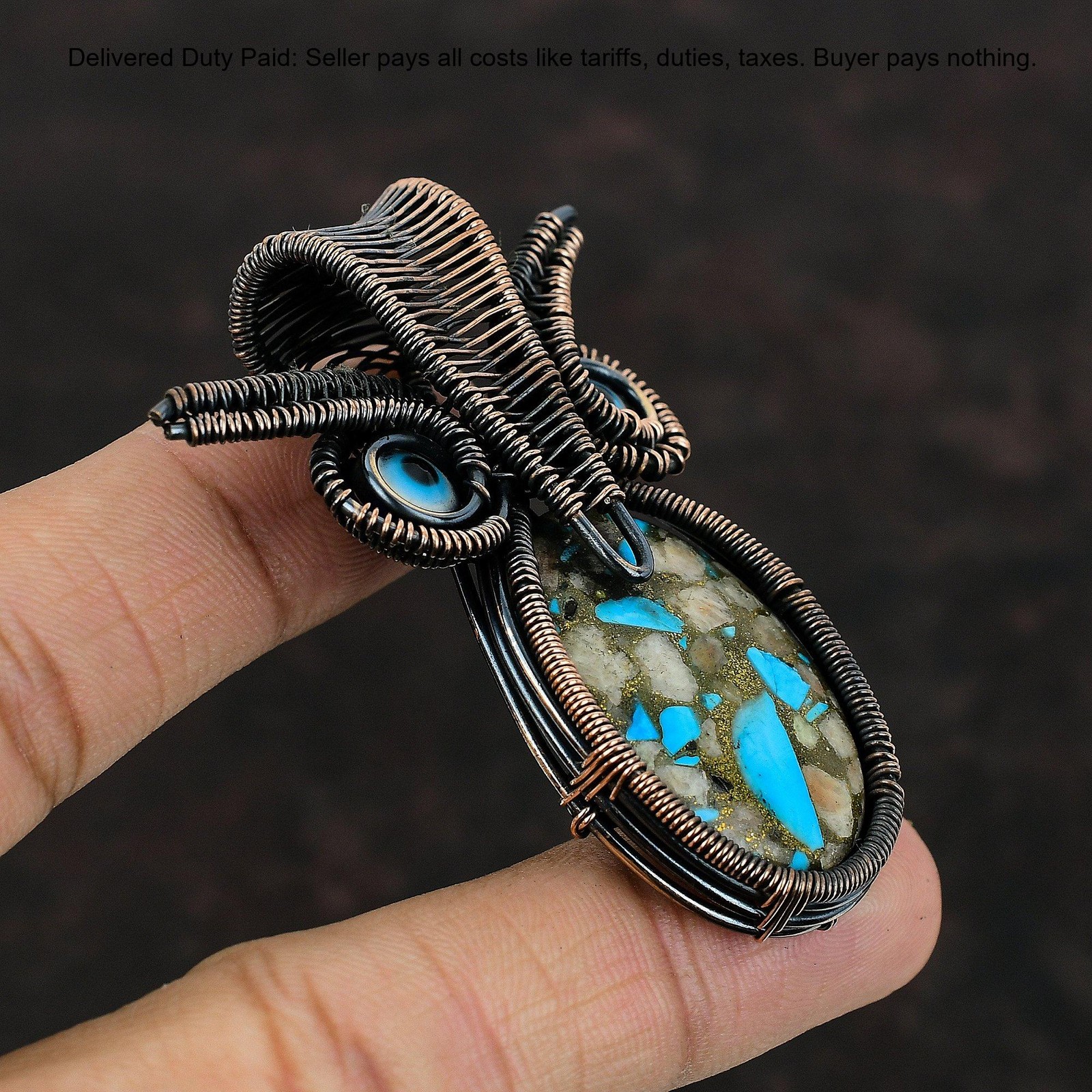 Copper Natural Pink Opal Copper Turquoise Blue Color Evil Eye Pendant Jewelry