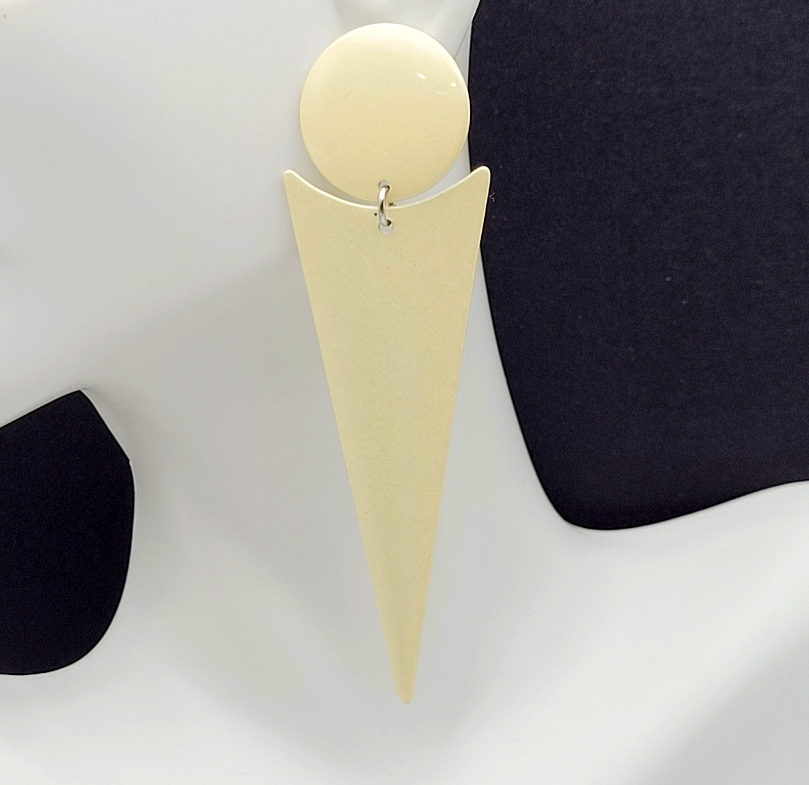 Minimalist Geometric Long Drop Dangle Metal and Cream Enamel Vtg 1980s Earrings