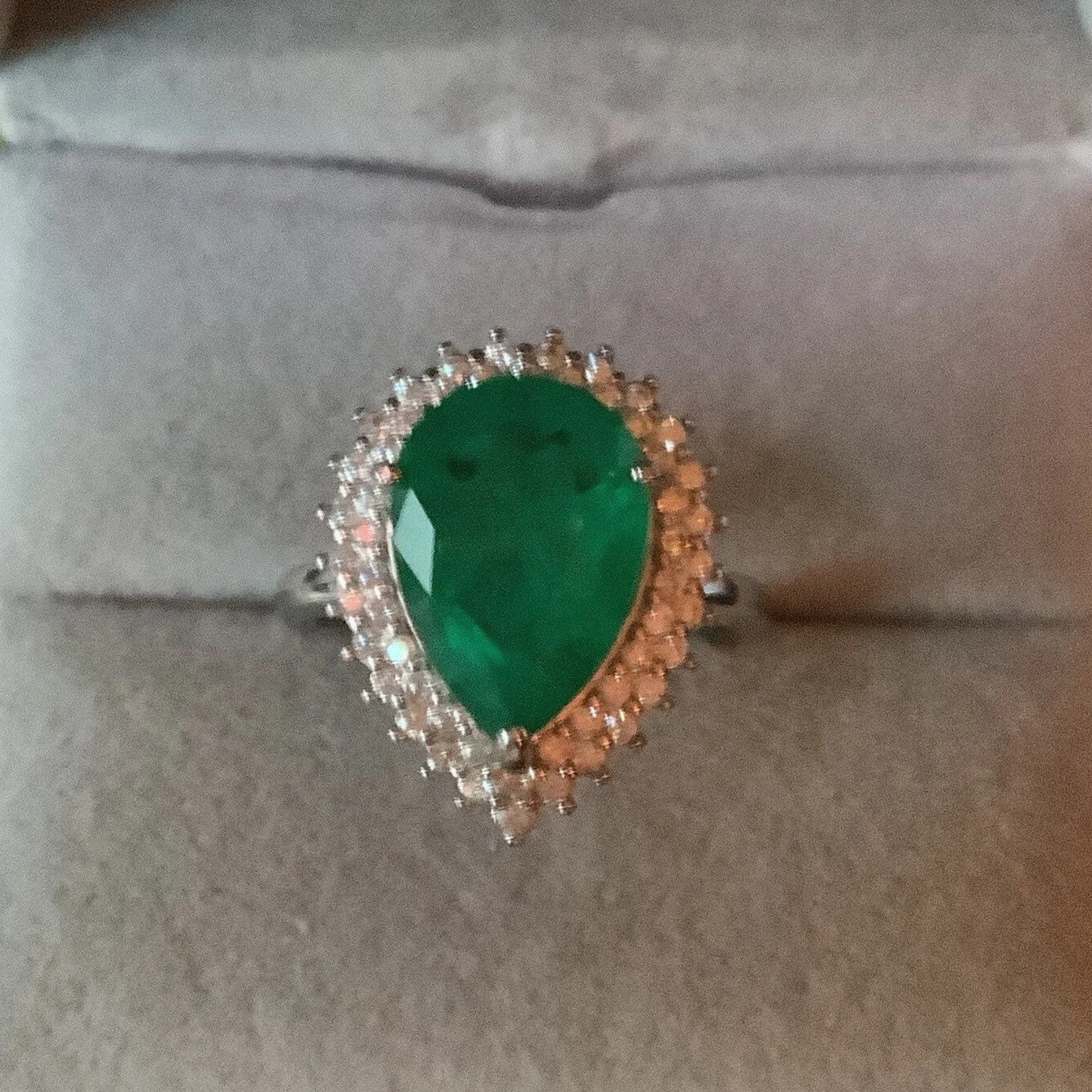 4.70 Ct Pear Cut Natural Emerald & Diamond Ring 14K Solid White Gold Size 7