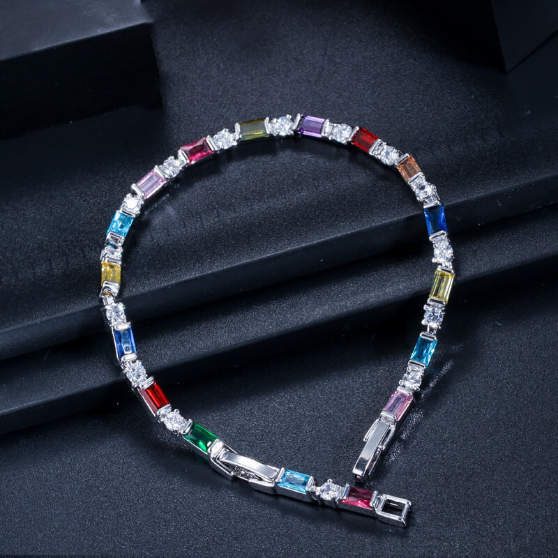 Silver Plated Fashion CZ Red Green Blue Crystal Charm Tennis Bracelets for Women