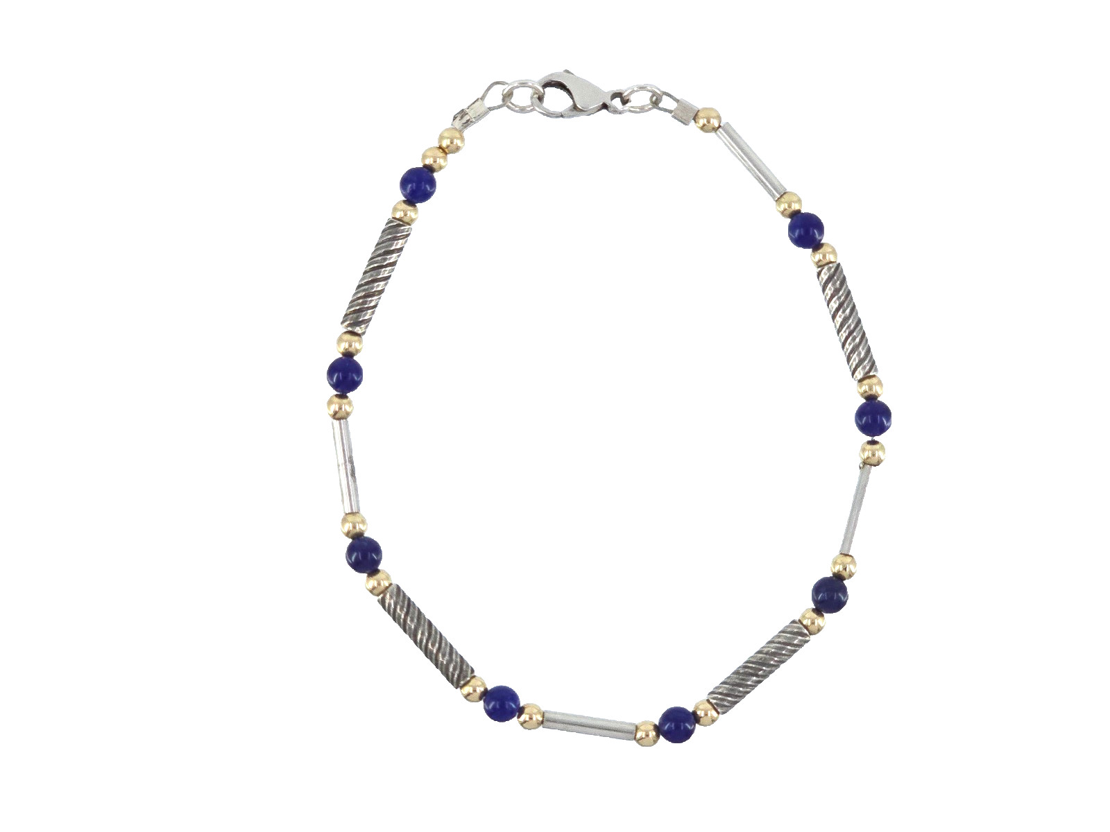 VINTAGE 4mm NATURAL LAPIS LAZULI BEADS 3mm 1OK GOLD BEADS and STERLING BRACELET