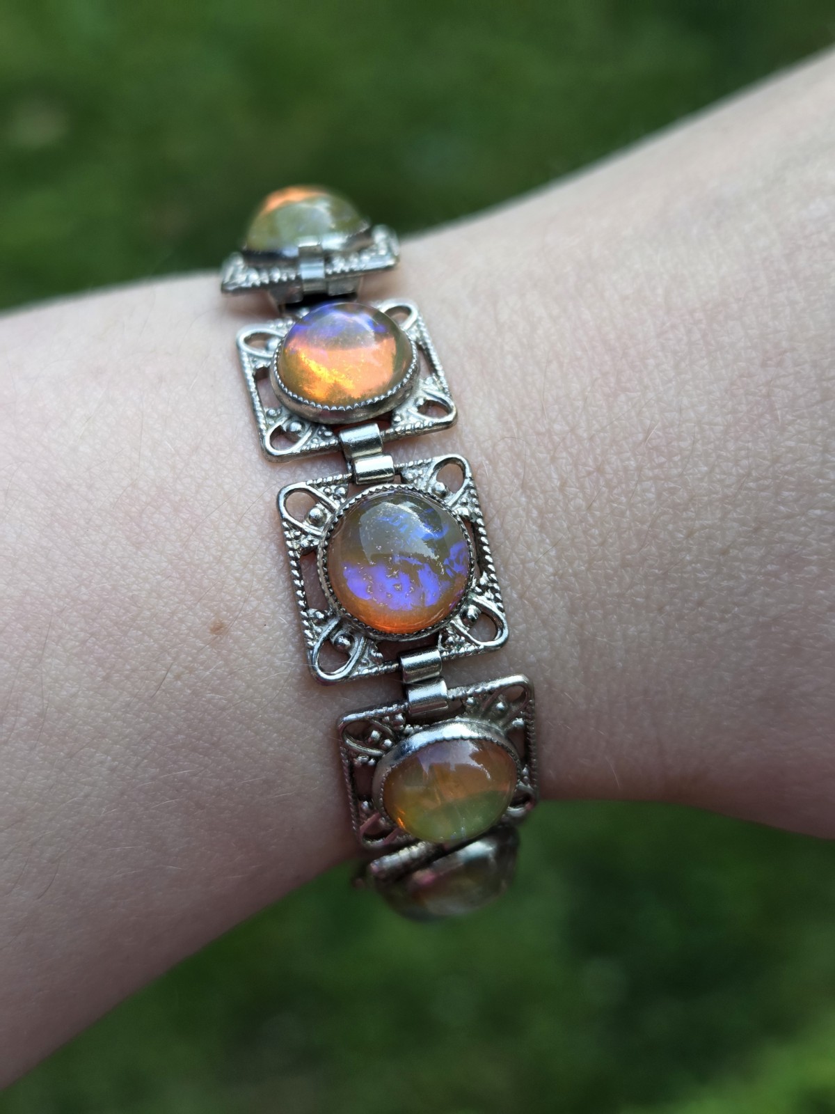 Vintage Czech Glass Dragons Breath Bracelet Book Link Chain Panel Faux Opal